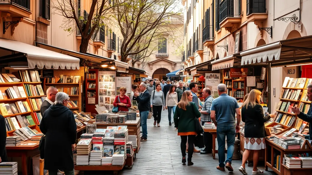 Image of an outdoor market with book and local product stalls.