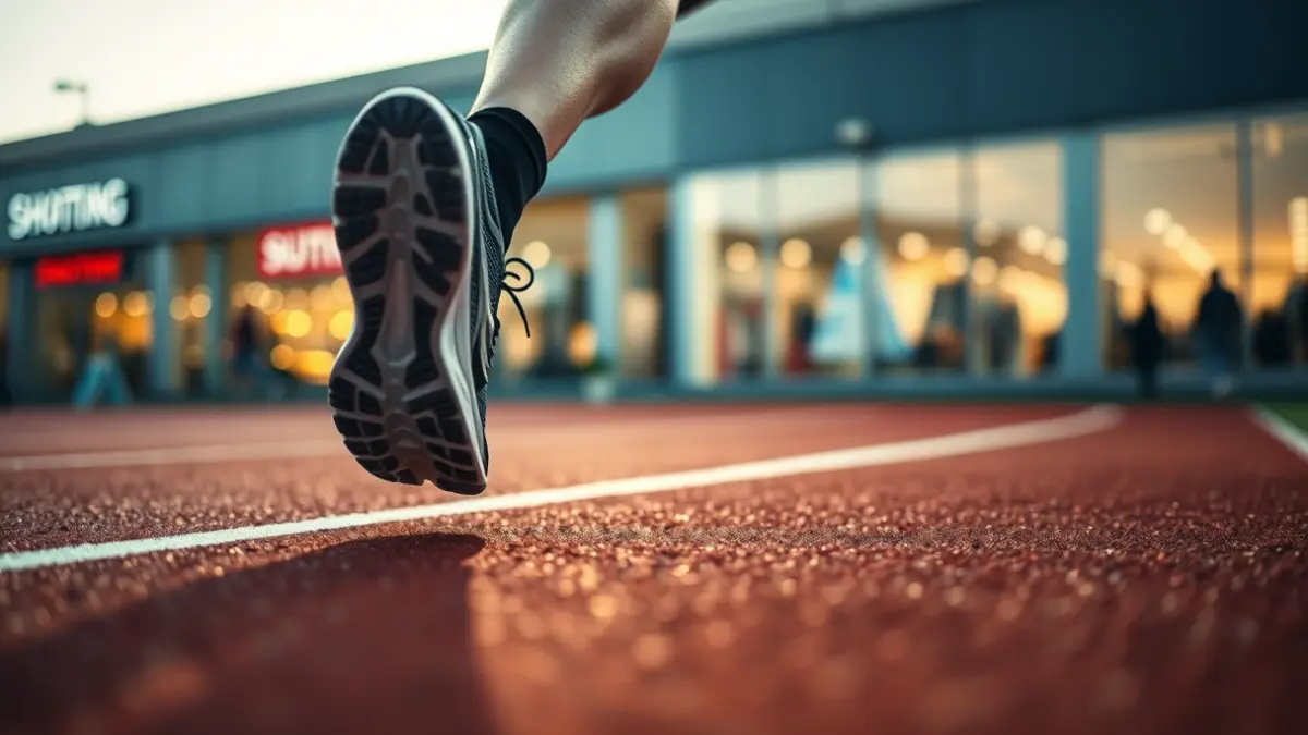 Imagen de una zapatilla de correr en una pista, con un centro comercial de fondo.