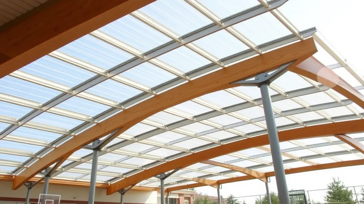 Translucent roof over a playground in a park, with wooden beams and metallic pillars.
