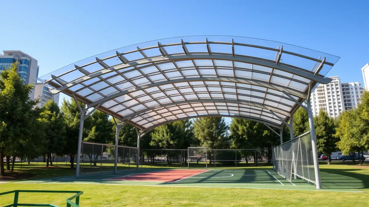 Cubierta translúcida sobre una pista deportiva en un parque de Alcorcón.