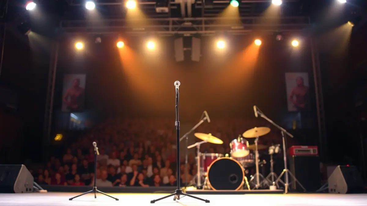 Generic image of a concert stage with lights and a microphone.