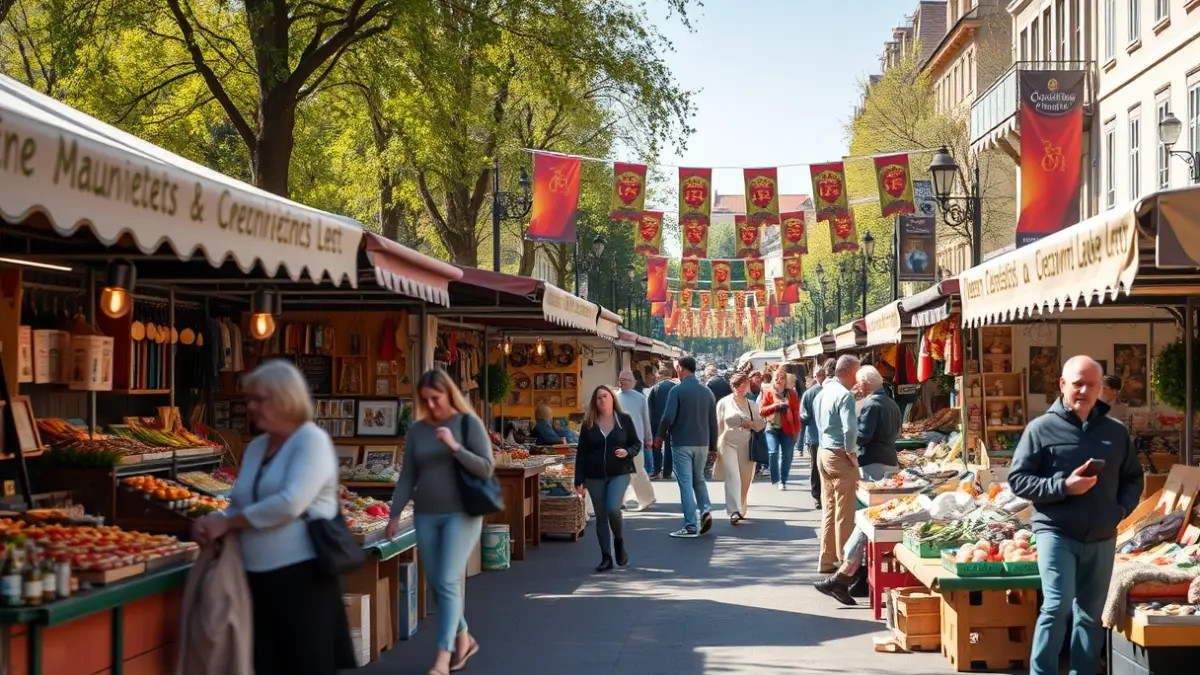 Generic image of an outdoor market with stalls and people strolling.