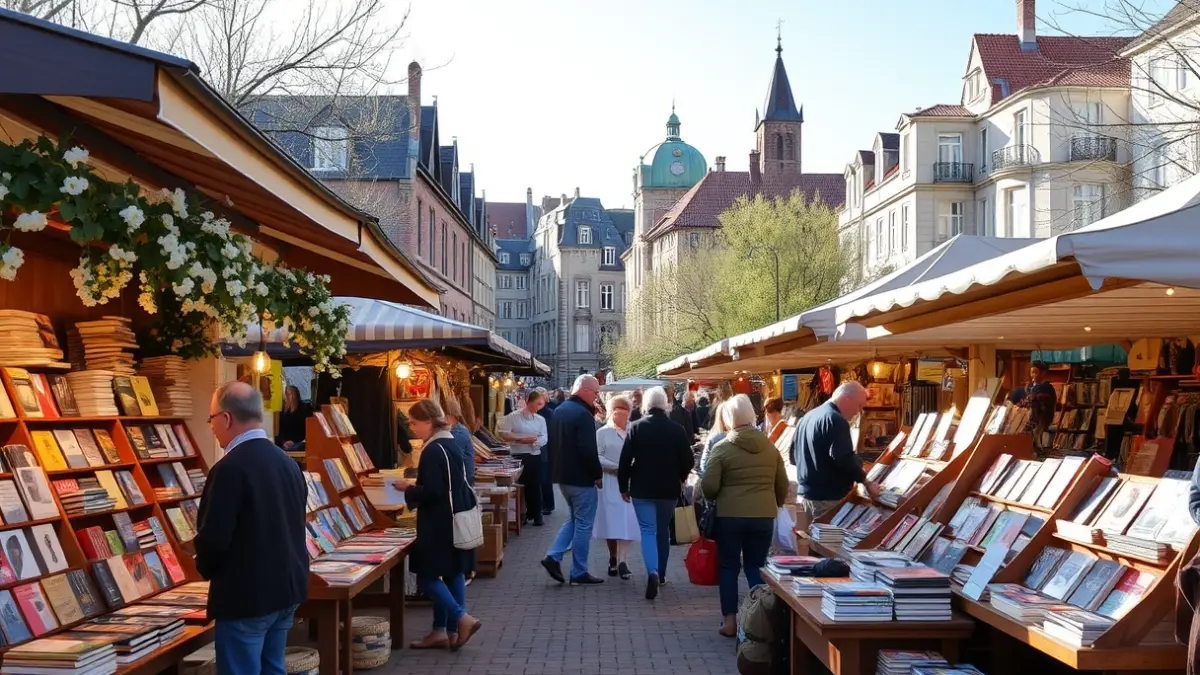 Imagen de un mercado al aire libre con puestos de libros y productos, gente paseando y comprando.