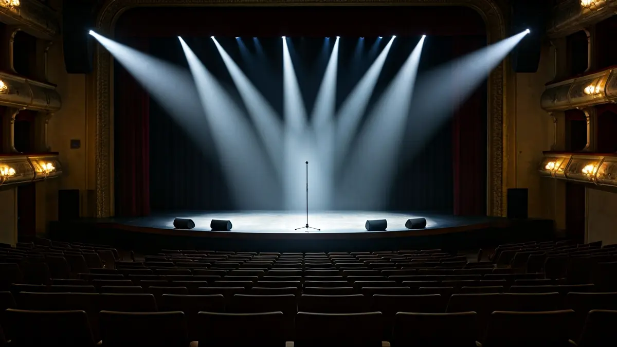 Imagen genérica de un escenario de teatro con un micrófono, listo para un evento.