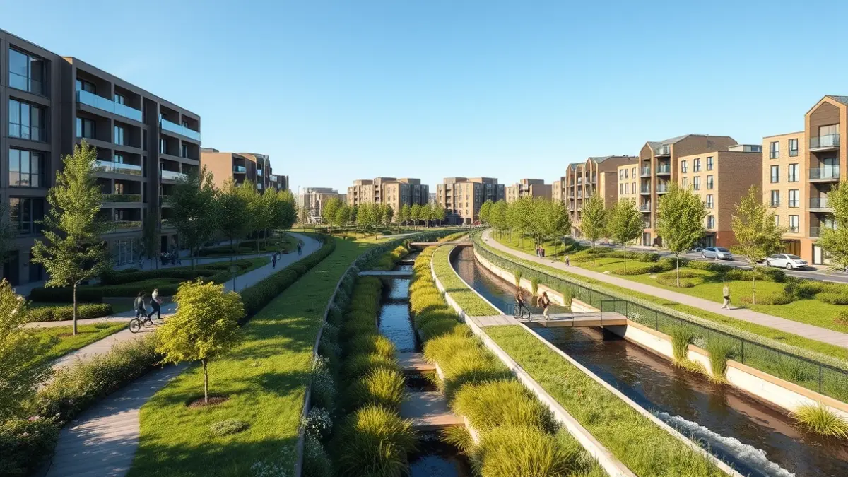 Imagen de un desarrollo urbanístico sostenible con zonas verdes y vías pecuarias recuperadas.