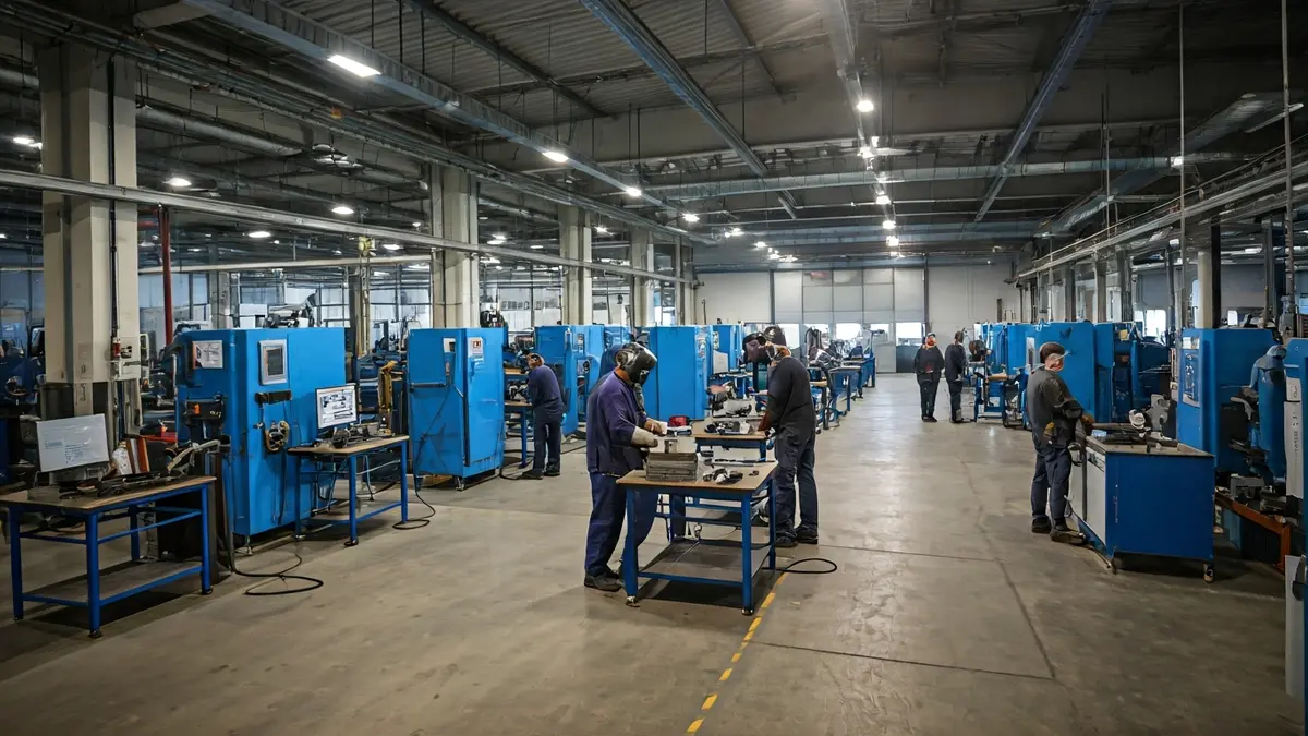 Interior of an advanced technical training center with students and modern equipment.