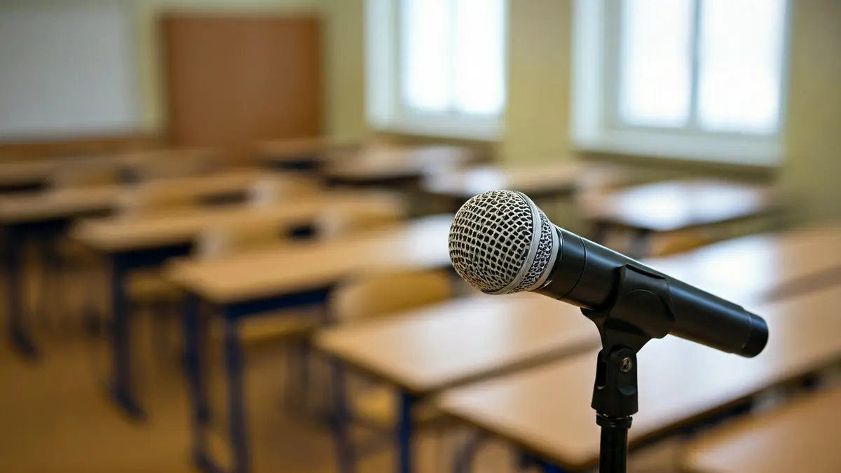 Imagen genérica de un micrófono en un podio en un aula, simbolizando el diálogo sobre educación.