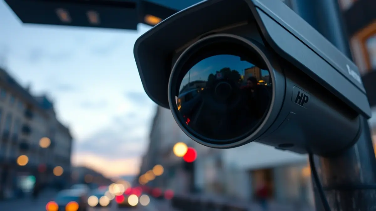 Cámara de vigilancia de tráfico en una ciudad, con luces urbanas de fondo.