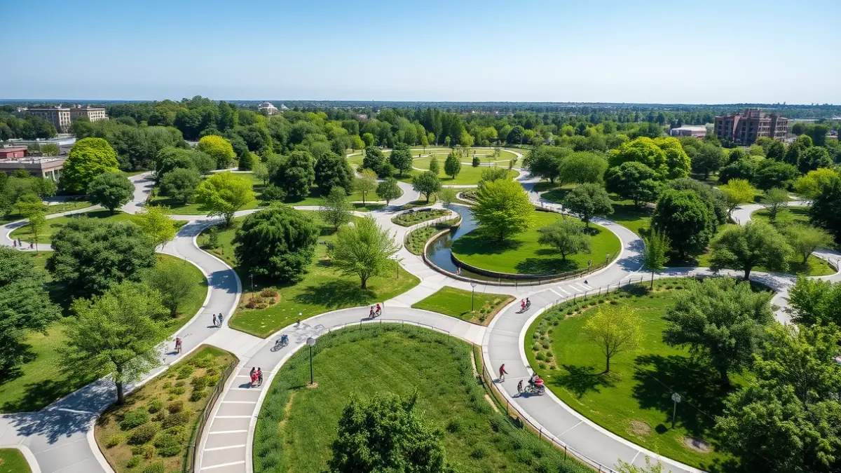 Imagen aérea de un nuevo espacio verde urbano con senderos y árboles en Alcorcón.