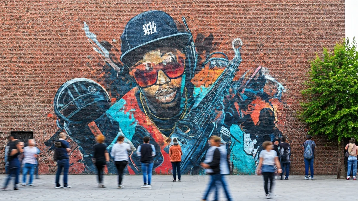 Urban art mural featuring music, graffiti, and hip hop elements on a brick wall.