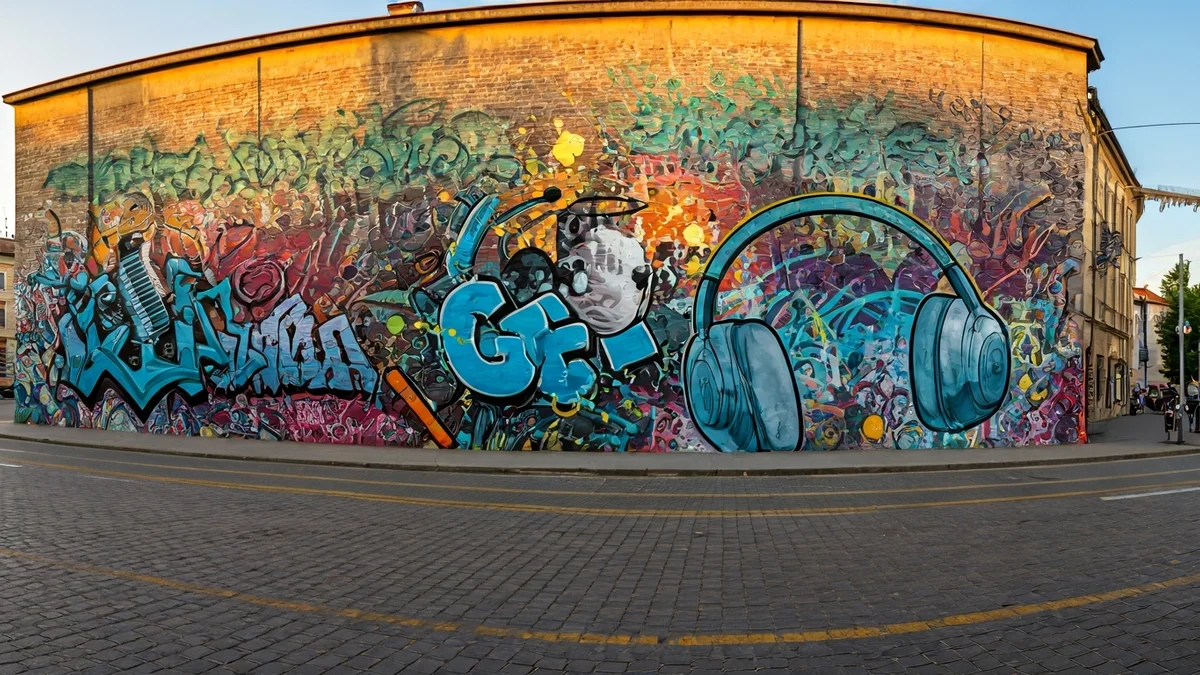 Imagen genérica de arte urbano con elementos de música y grafiti.