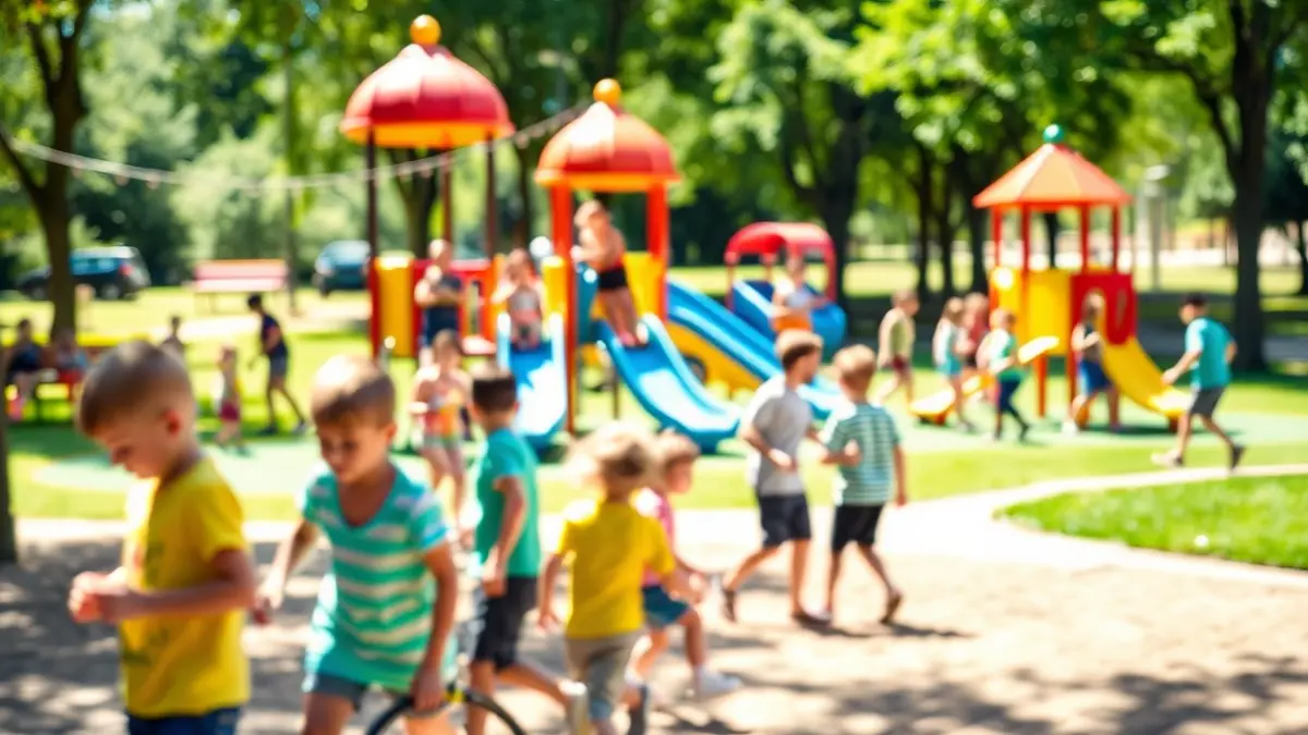 Generic image of a children's playground with kids playing and a festive atmosphere.
