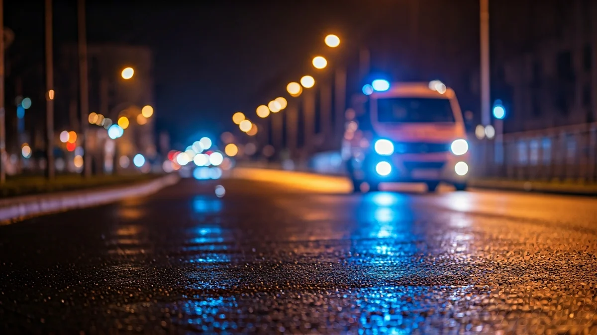 Imagen genérica de luces de emergencia de un vehículo sanitario reflejadas en el asfalto mojado.