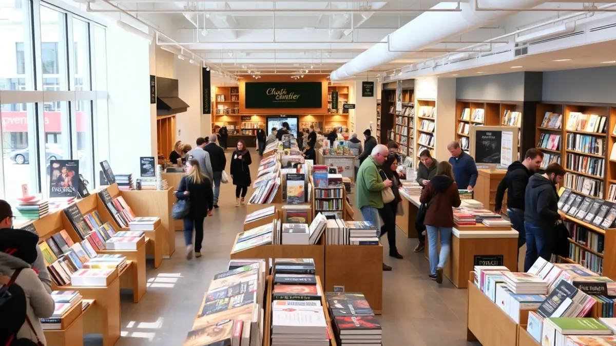 Image of a book fair in a modern shopping center.