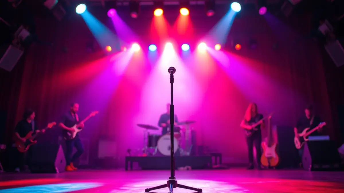 Imagen genérica de un escenario de concierto con luces y un micrófono.