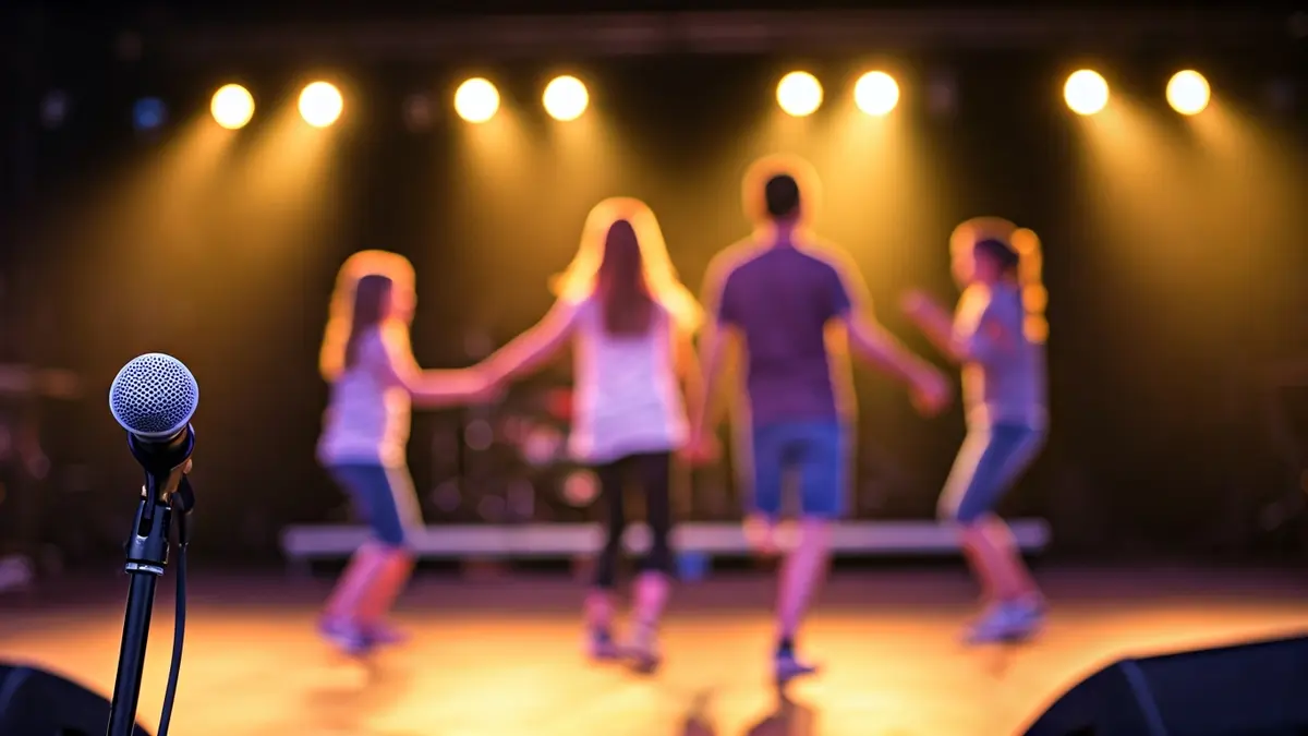 Imagen genérica de un concierto de rock familiar con luces de escenario y gente bailando.