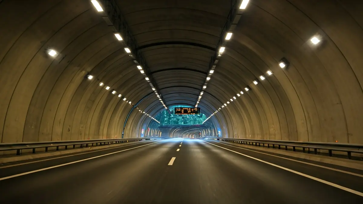 Image of a modern tunnel entrance with bright lights, symbolizing the progress of construction works.