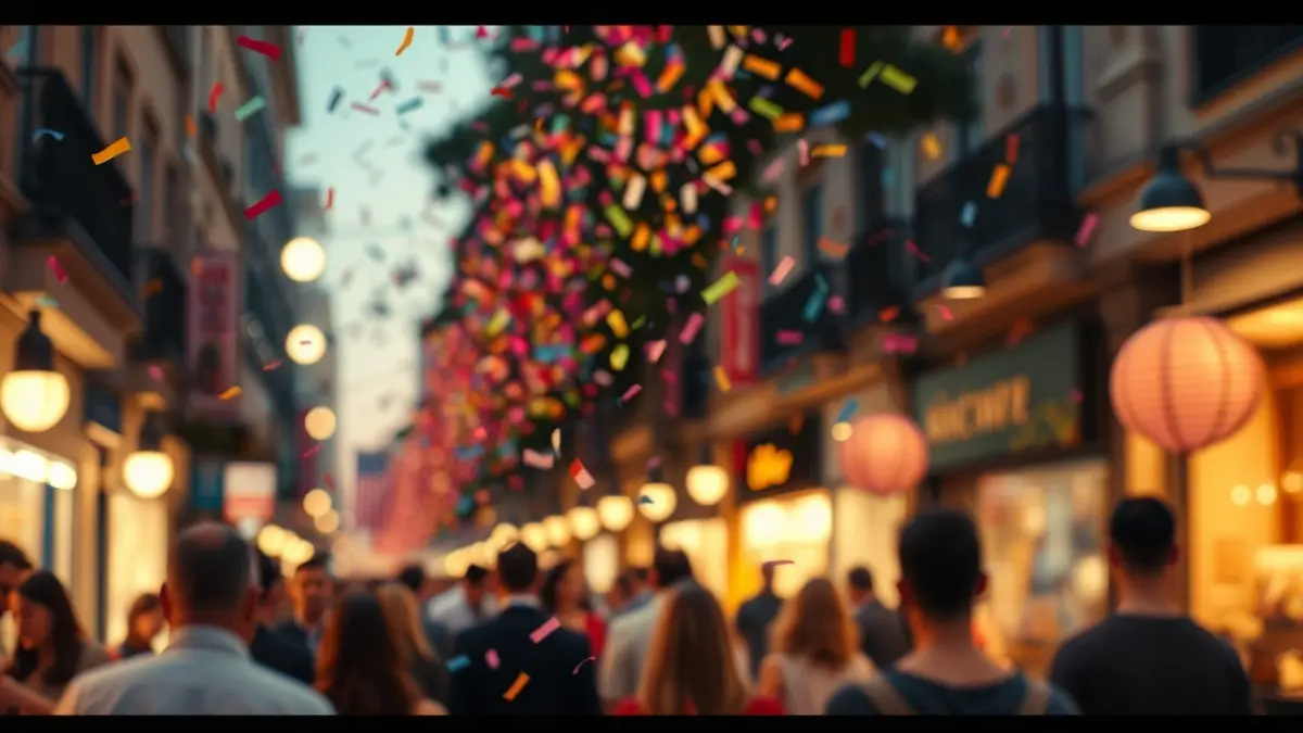 Generic image of a street celebration with confetti and a festive atmosphere.