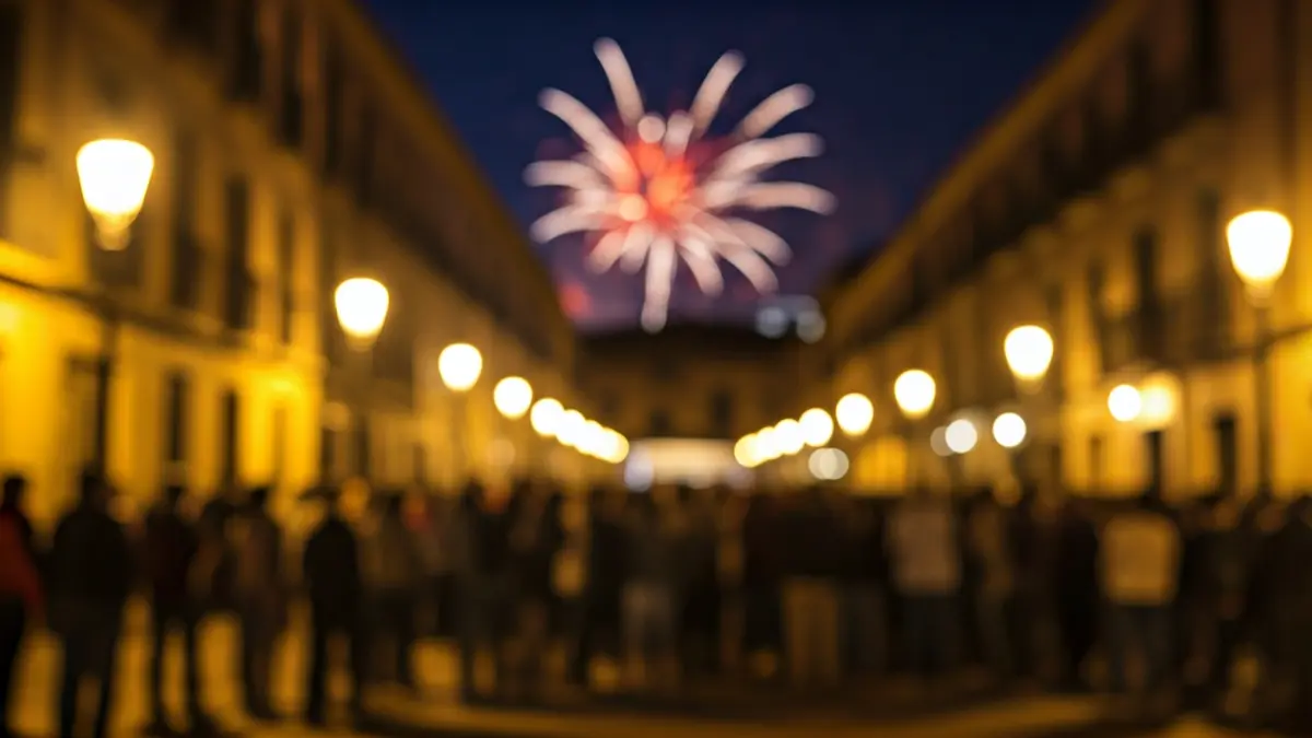 Generic image of a festive square with people and firework lights.