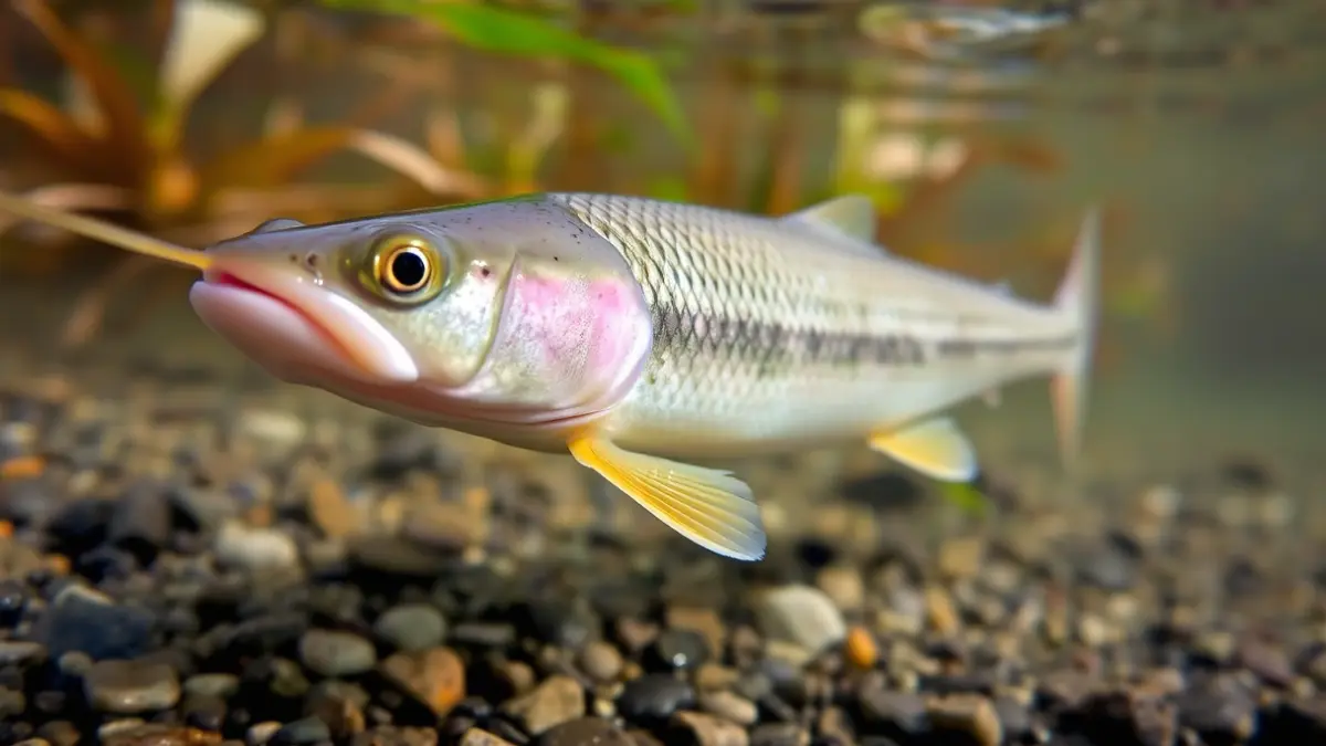 Image of a common barbel fish swimming in a river with a gravel bed.