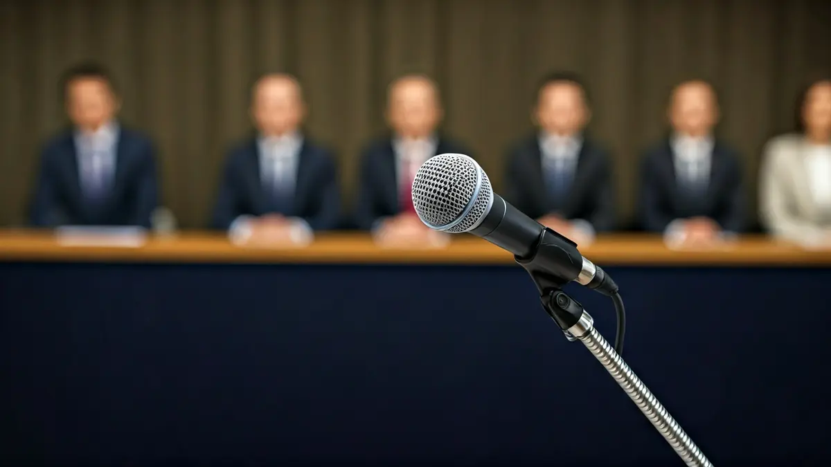 Generic image of a microphone on a podium during a press conference.