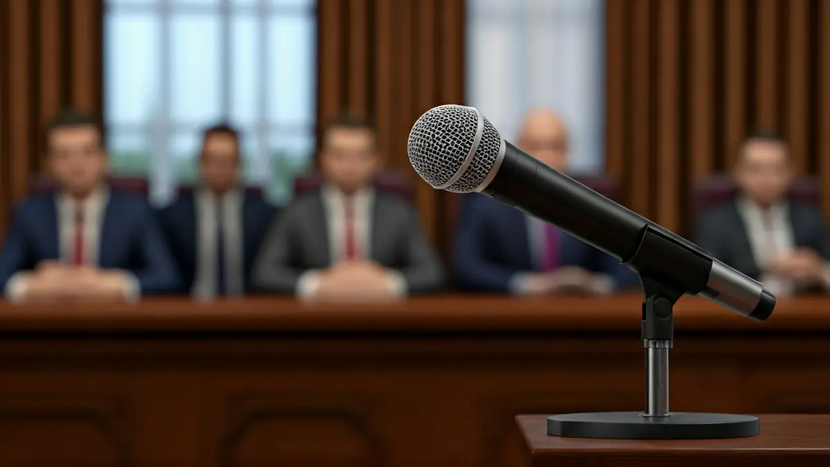 Generic image of a microphone on a podium during a press conference.