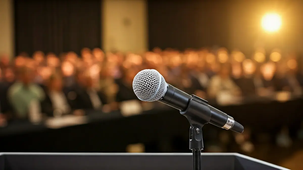 Generic image of a microphone on a podium during a forum or conference.