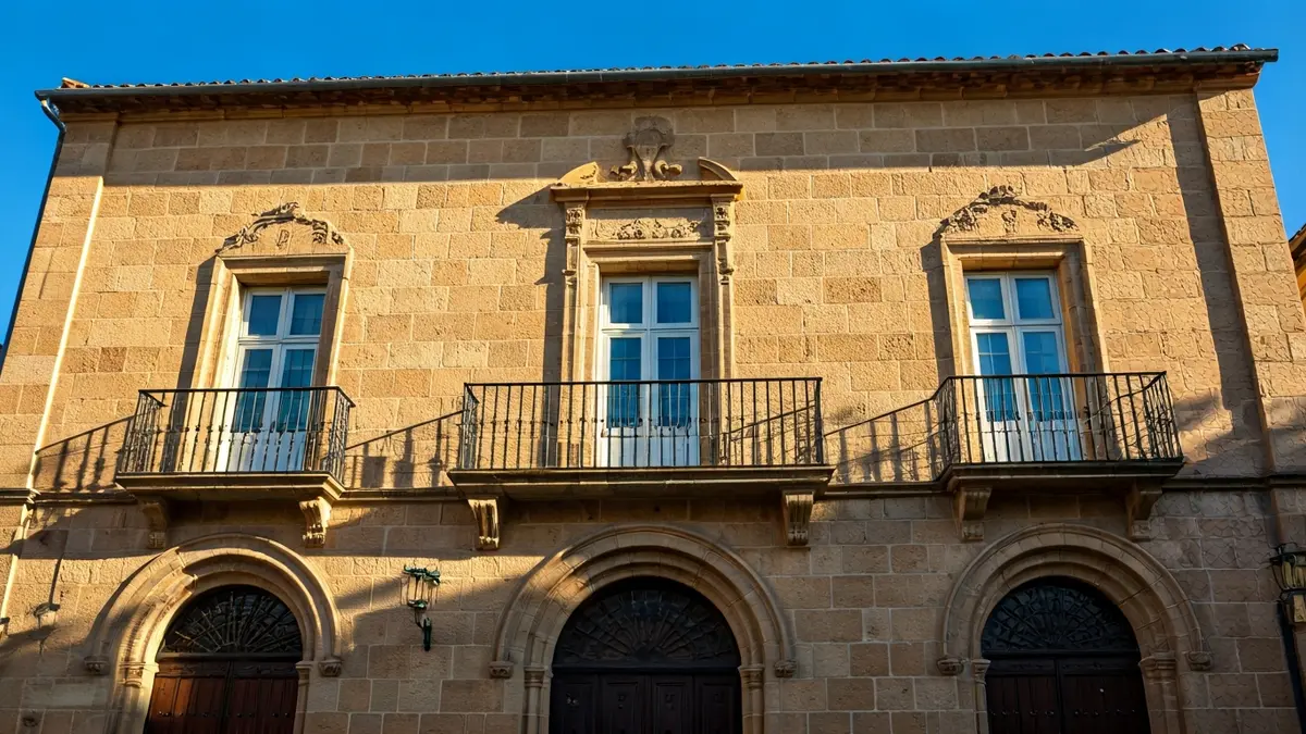 Stone town hall facade with balcony and iron railings, under warm afternoon sunlight.