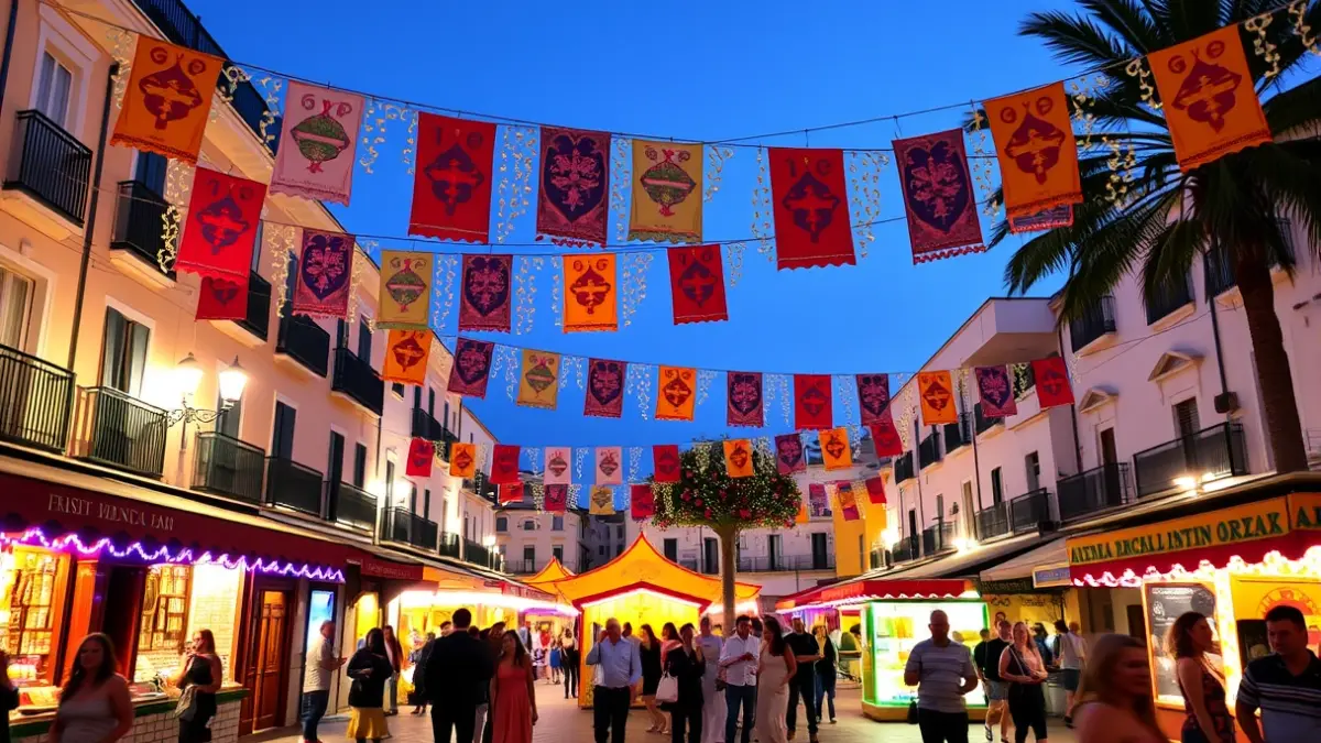 Imagen de una plaza decorada para una feria andaluza con música y baile.