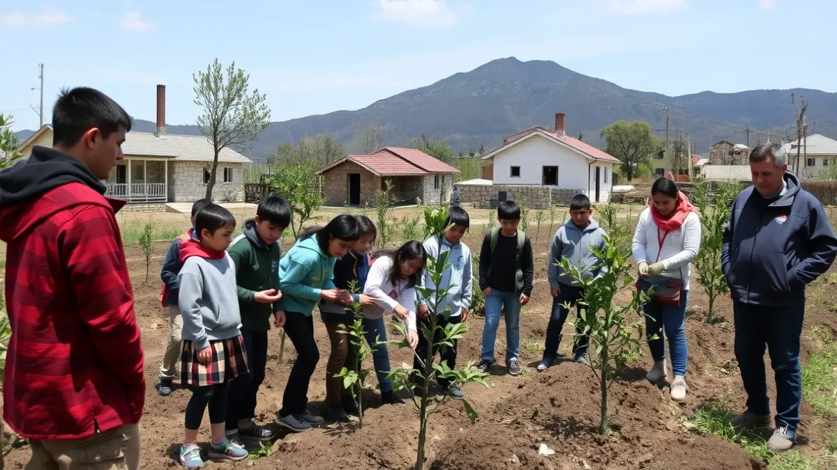 Estudiantes y profesores plantando árboles frutales en una aldea rural afectada por incendios.