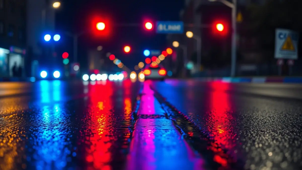 Imagen genérica de luces de emergencia reflejadas en el asfalto mojado en un entorno urbano.