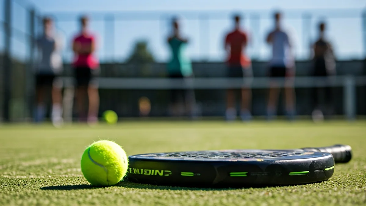 Generic image of a paddle tennis racket on a court.