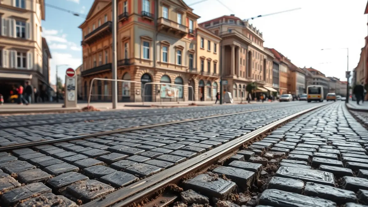 Old tram tracks uncovered during construction work on a street in Madrid.