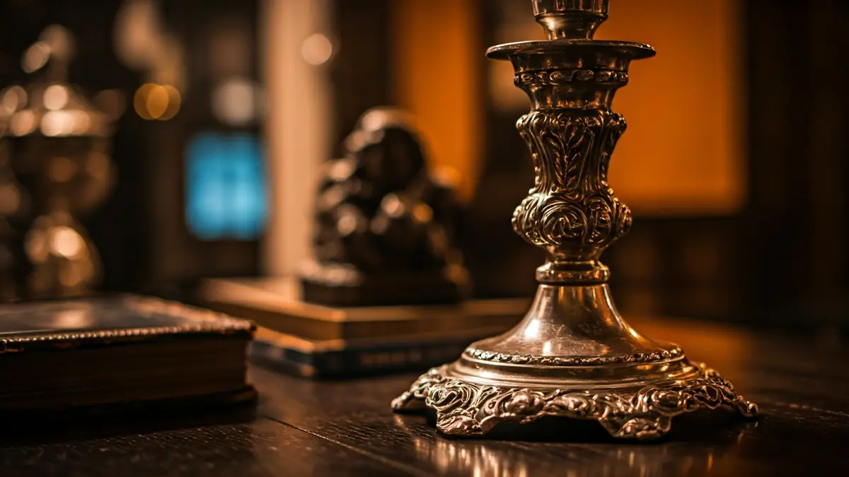 Imagen genérica de objetos antiguos en una feria, con un candelabro de plata en primer plano.