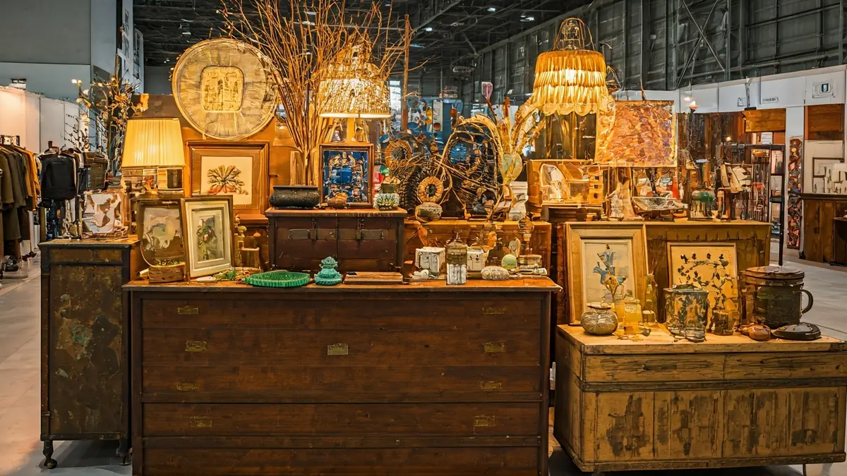 Generic image of an antiques and collectibles fair featuring vintage items and artworks.