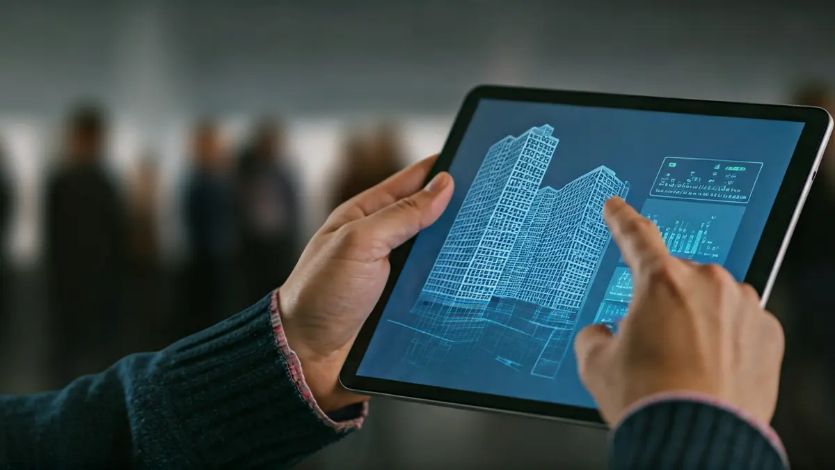 Imagen genérica de una persona utilizando una tableta para gestionar datos de edificios.