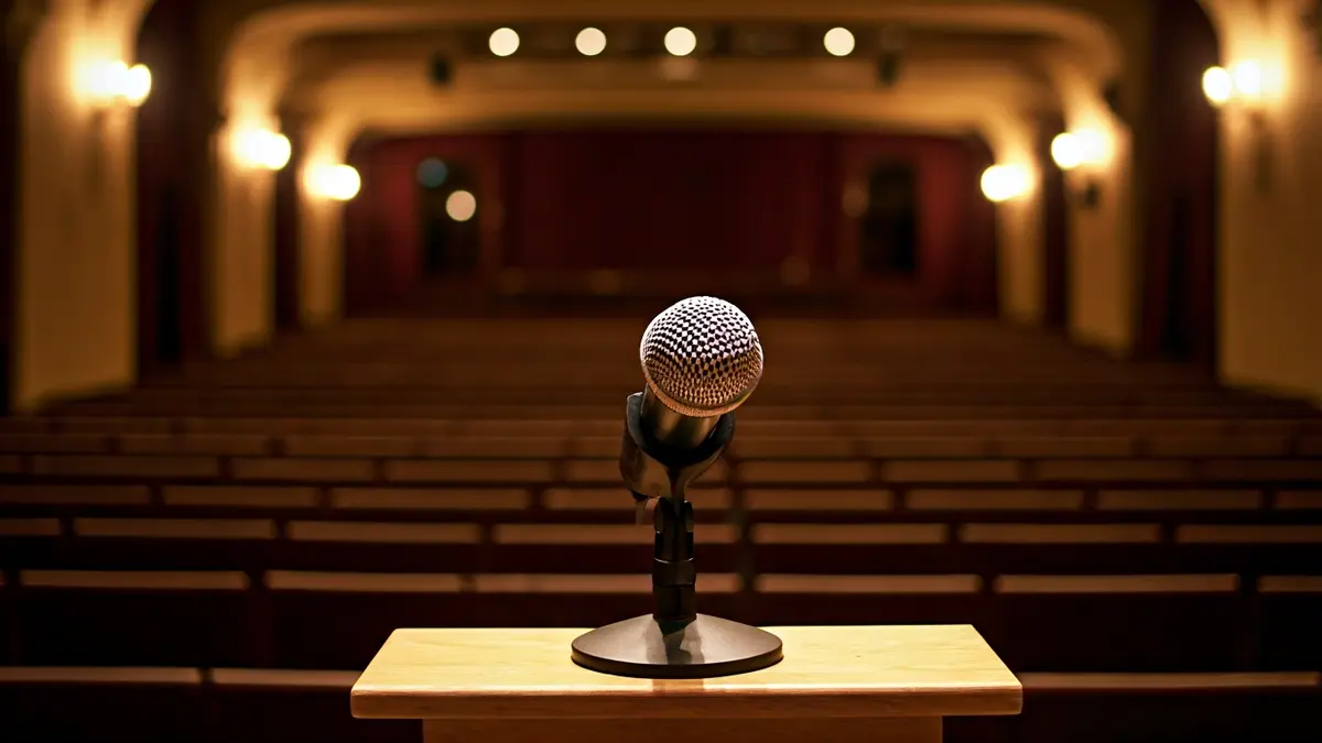 Imagen genérica de un escenario de teatro con un micrófono en un podio.