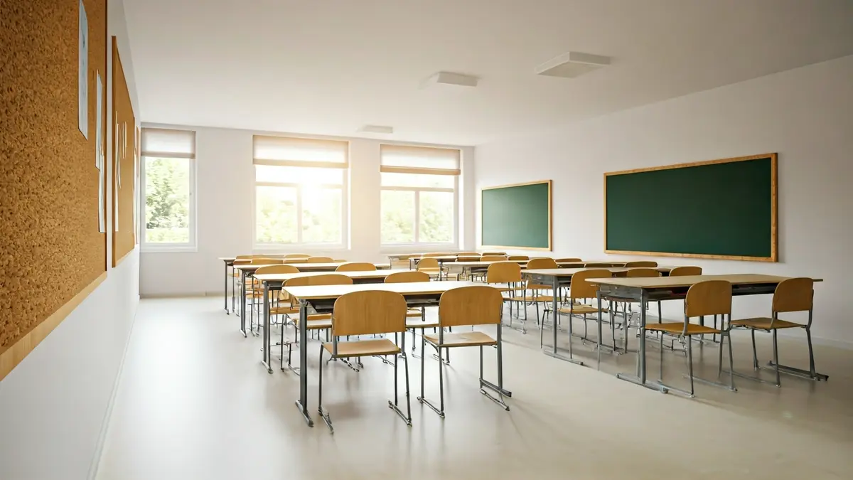 Imagen genérica de un aula de colegio renovada con nuevo pavimento y paredes pintadas.