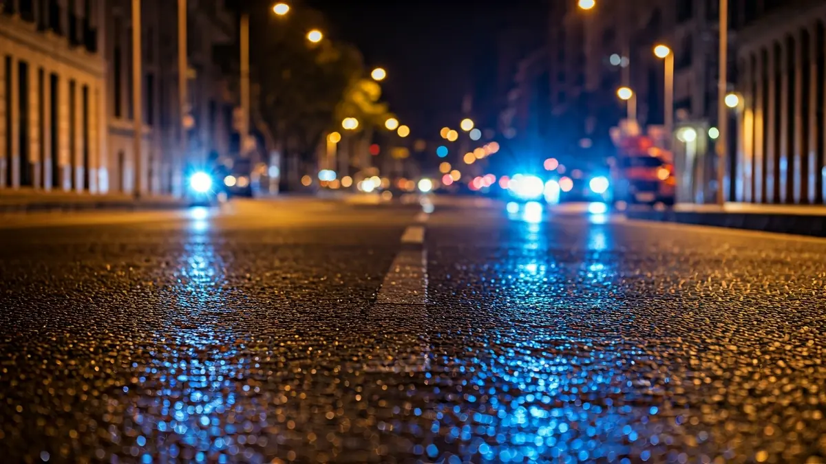 Imagen genérica de luces de emergencia reflejadas en el asfalto mojado en Madrid.