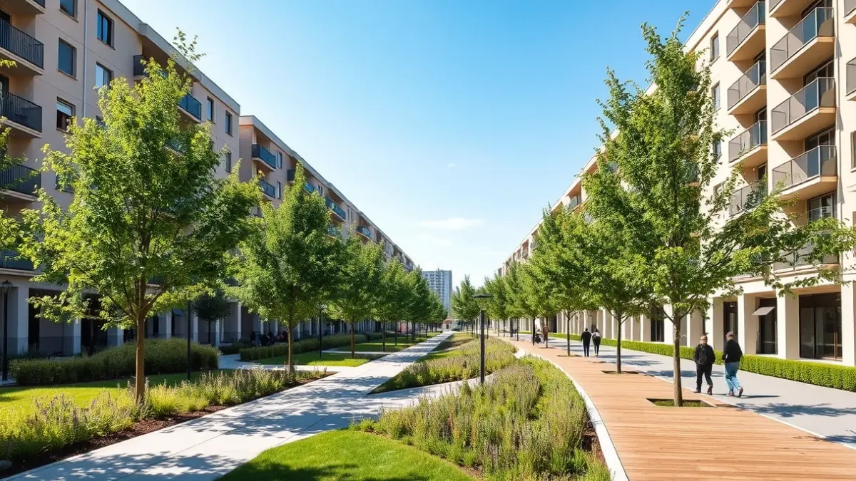 Image of an urban regeneration project in a residential neighborhood in Madrid, featuring new green areas and accessible pathways.