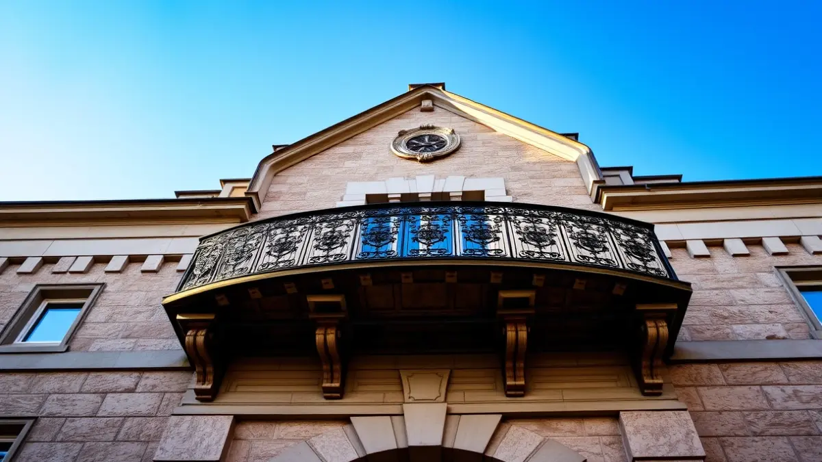 Facade of a town hall with a balcony and sunlight.
