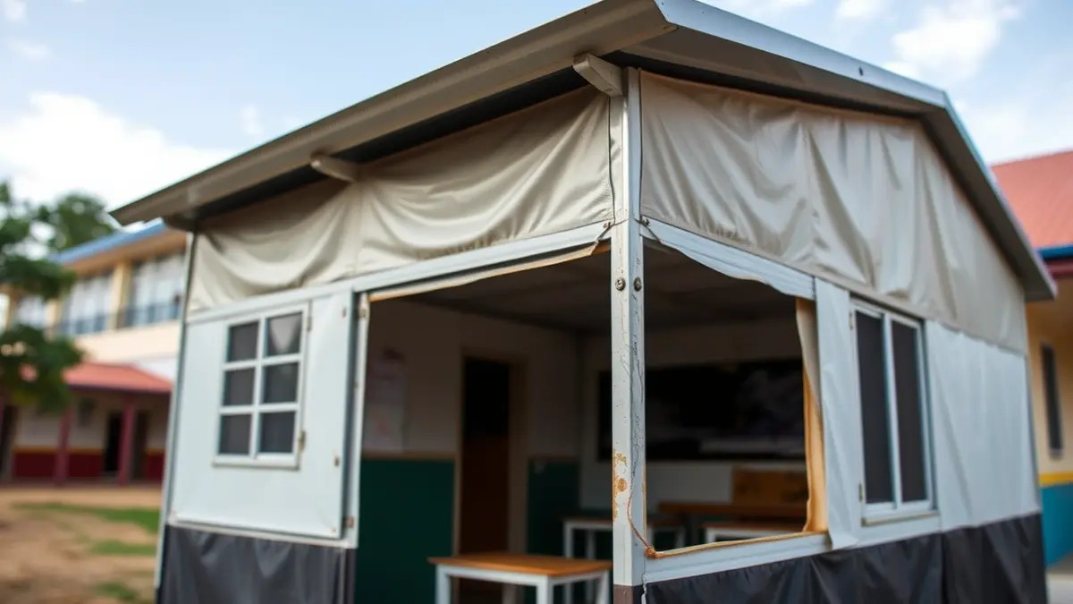 Imagen de un aula prefabricada o 'barracón' en un entorno escolar.