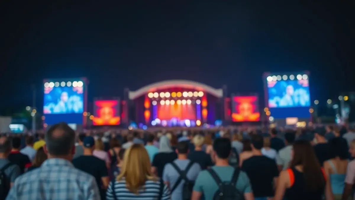 Imagen genérica de una multitud abandonando un evento nocturno, con luces borrosas de fondo.