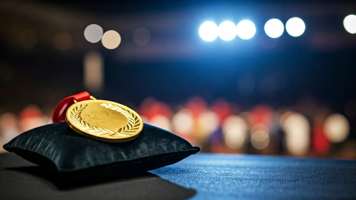 Generic image of a gold medal on a velvet cushion, with background lights.