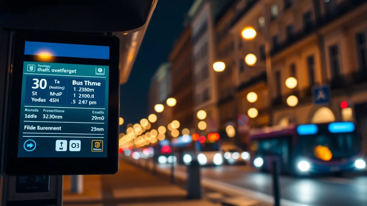 Imagen genérica de una parada de autobús moderna con información digital en tiempo real.