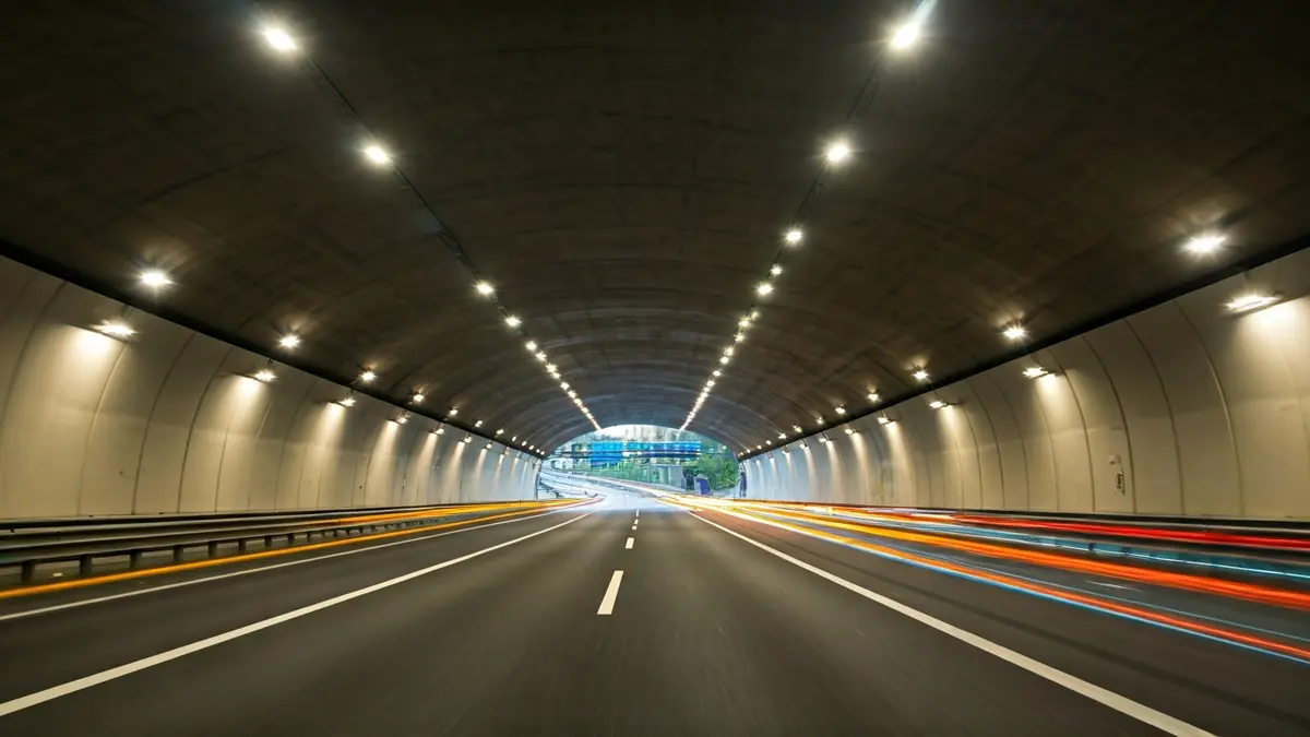 Imagen de la entrada de un túnel de carretera con múltiples carriles y luces brillantes.