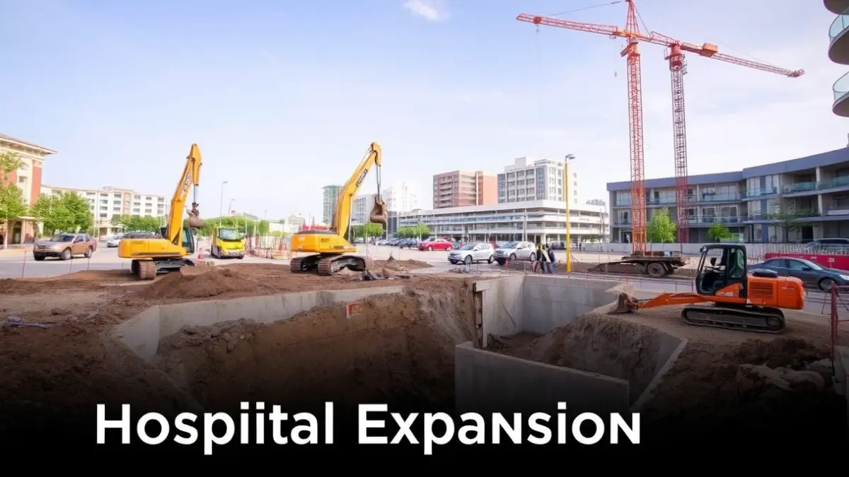 Image of a construction site with heavy machinery and foundations, representing a hospital expansion.