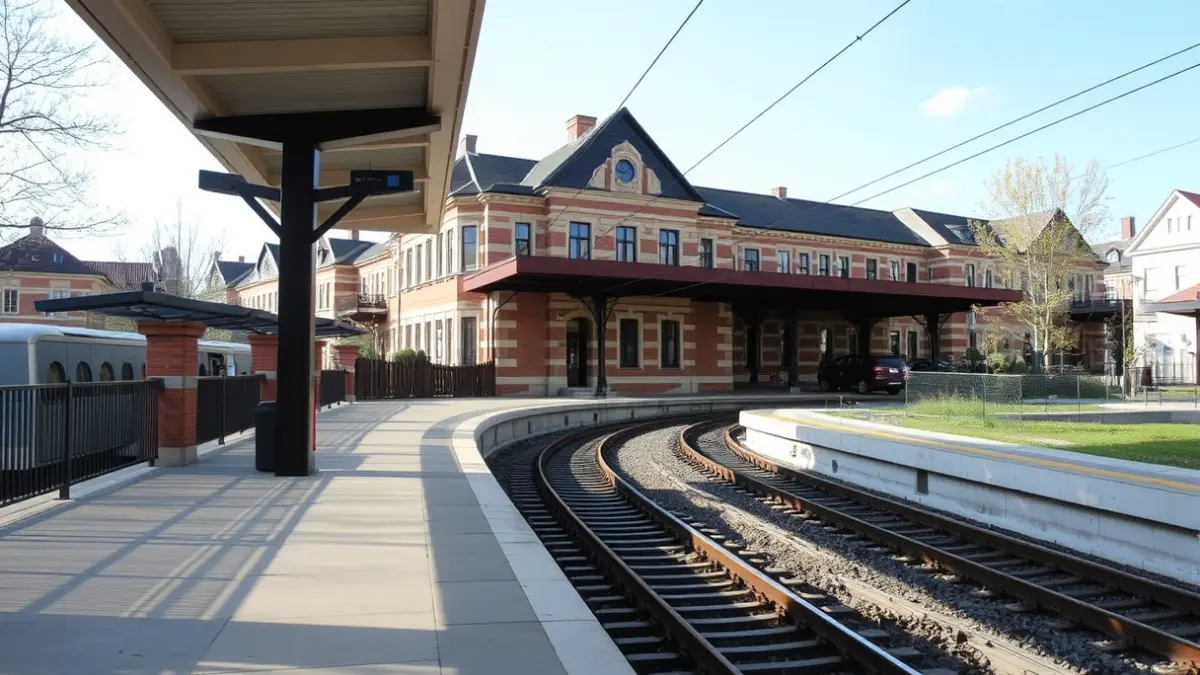 Modern train station with historical building in background, reflecting the Cercanías extension.