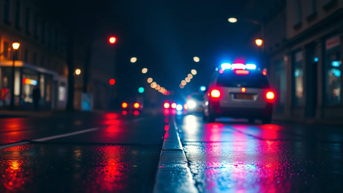 Generic image of emergency lights reflecting on wet asphalt