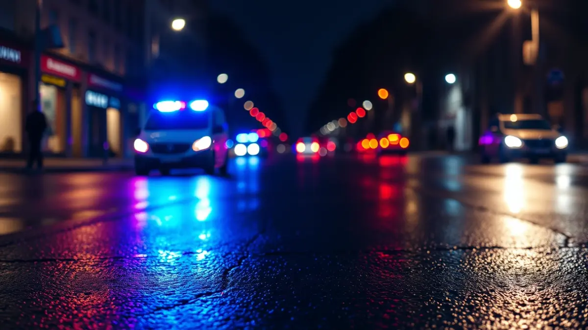 Generic image of emergency lights reflecting on wet asphalt at night.